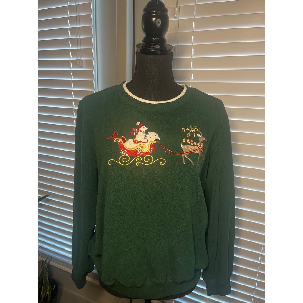 Alfred Dunner Green Christmas Sweatshirt Women's Medium Santa Sleigh Embroidered - Picture 2 of 9